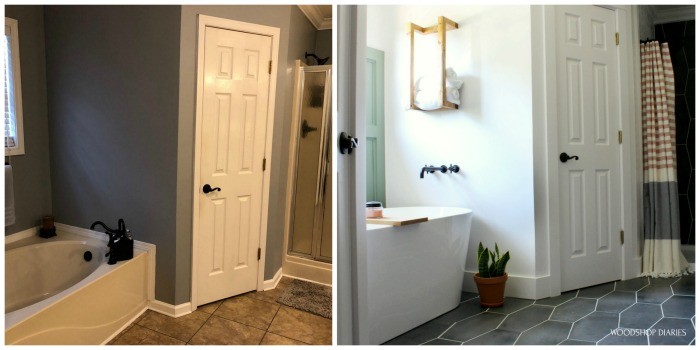 Master bathroom before and after side by side bathtub and corner closet side of room