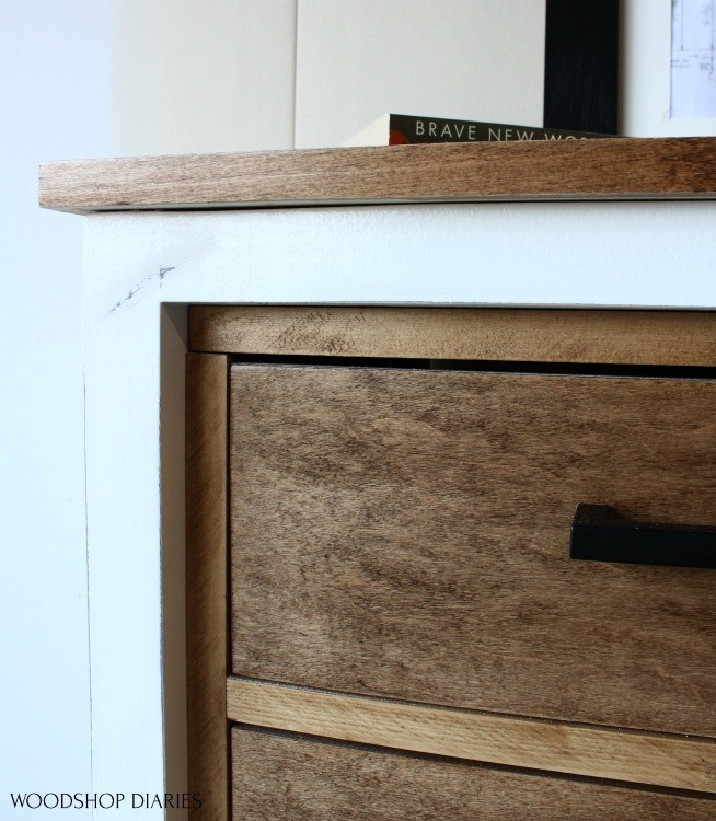 Close up detail of inset drawer frame on 6 drawer dresser