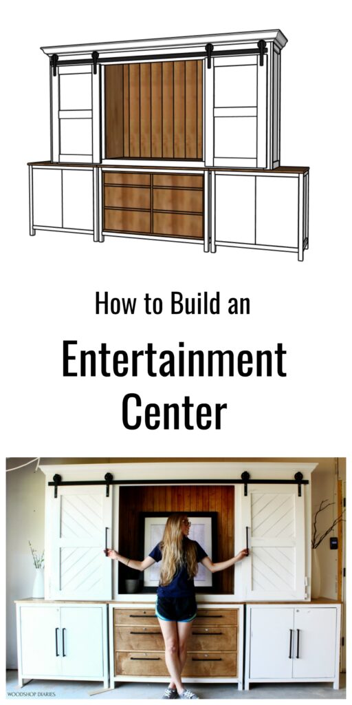 Collage of 3D diagram and Shara with Entertainment center sliding door project pinterest image