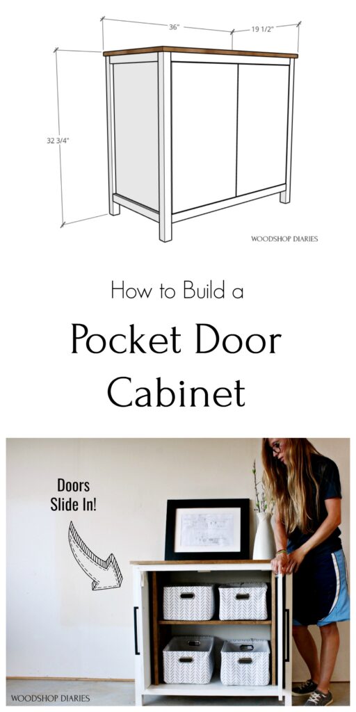 Pinterest collage of overall pocket door cabinet dimensions and Shara with cabinet doors open showing off the inside