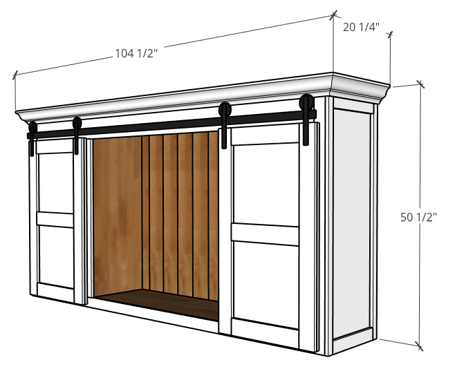 Overall dimensions of top portion of large DIY sliding door entertainment center