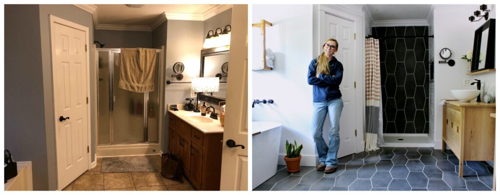 Side by side before and after master bathroom renovation graphic