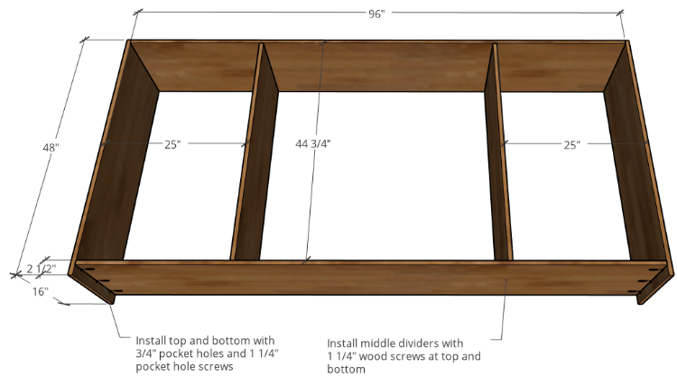 Diagram of cabinet carcass construction with plywood parts