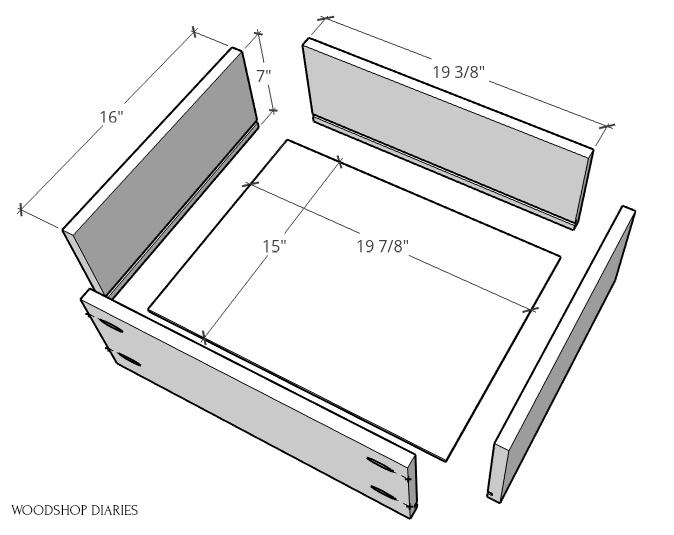 Exploded view of 6 drawer dresser drawer box pieces