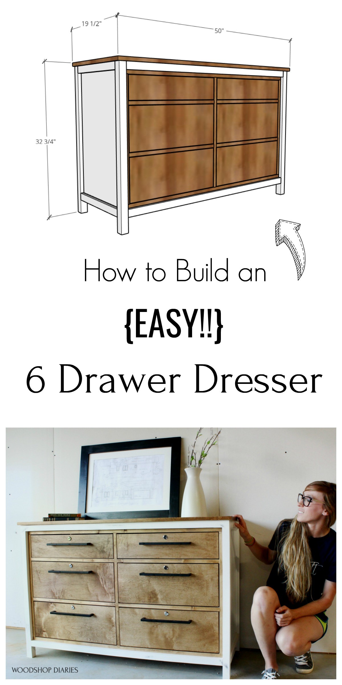 Pinterest collage of overall dimensions of dresser and Shara with finished 6 drawer dresser