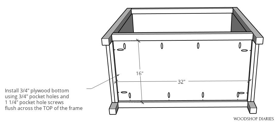 Bottom panel of pocket door cabinet installed using pocket holes and screws diagram