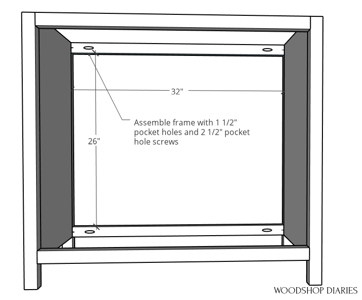 Pocket door cabinet frame assembled with 2x2s diagram with dimensions