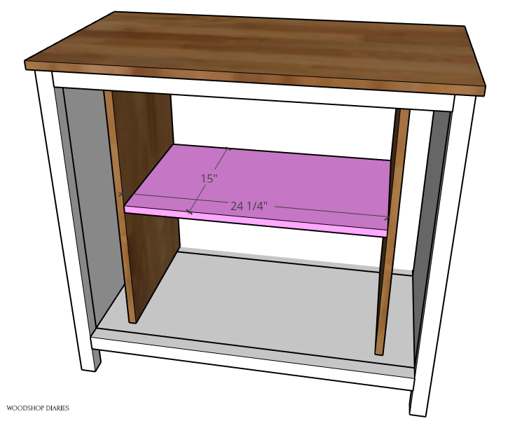 Adjustable shelf dimensions for pocket door cabinet