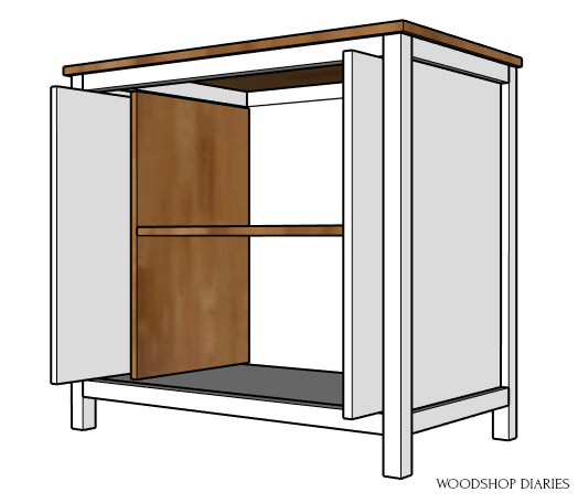 Finished pocket door cabinet with doors slid into place diagram