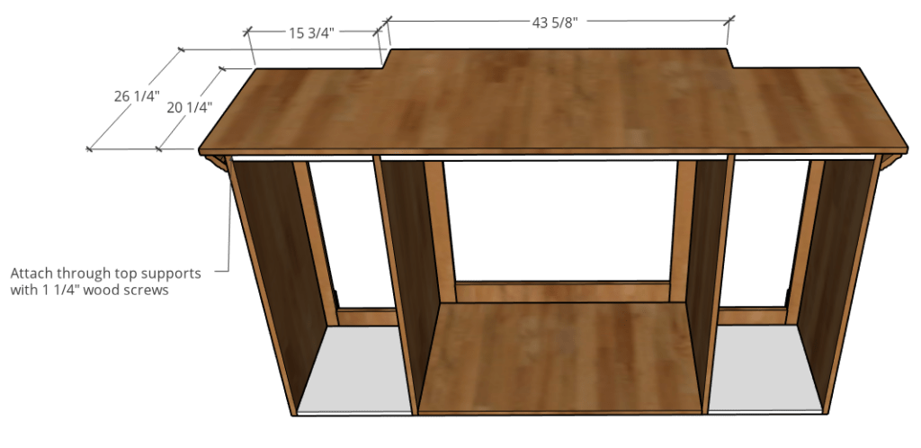top dimension diagram with corners cut out to fit around crown molding on console cabinet