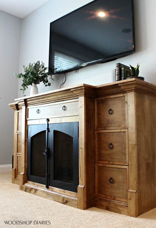 Finished photo of DIY dog crate console cabinet that could also be a fake fireplace console, too