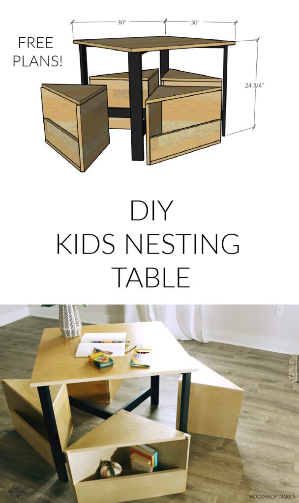 Pinterest collage image of overall table dimensions at top and finished table on bottom