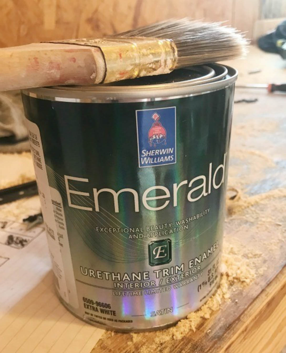 Sherwin williams Emerald paint can--diy furniture tip to use the correct type of finish
