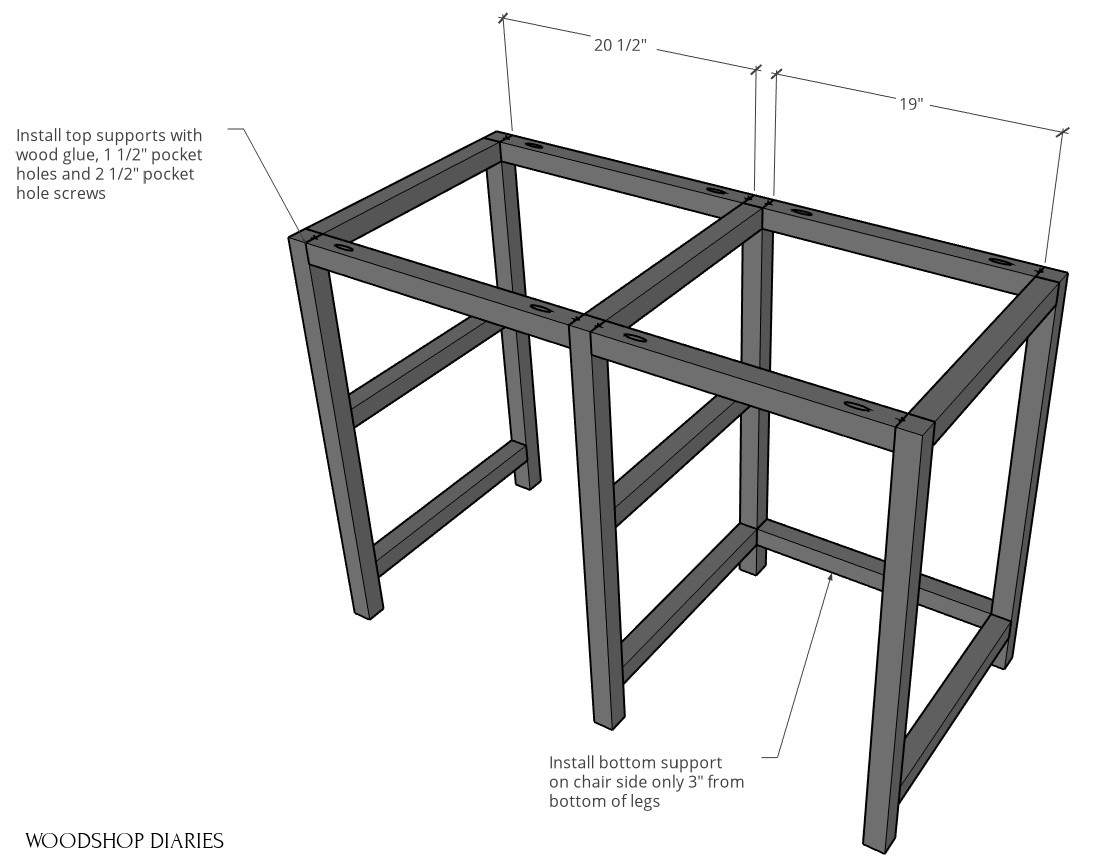 Install top desk frame pieces between left, middle, and right sides
