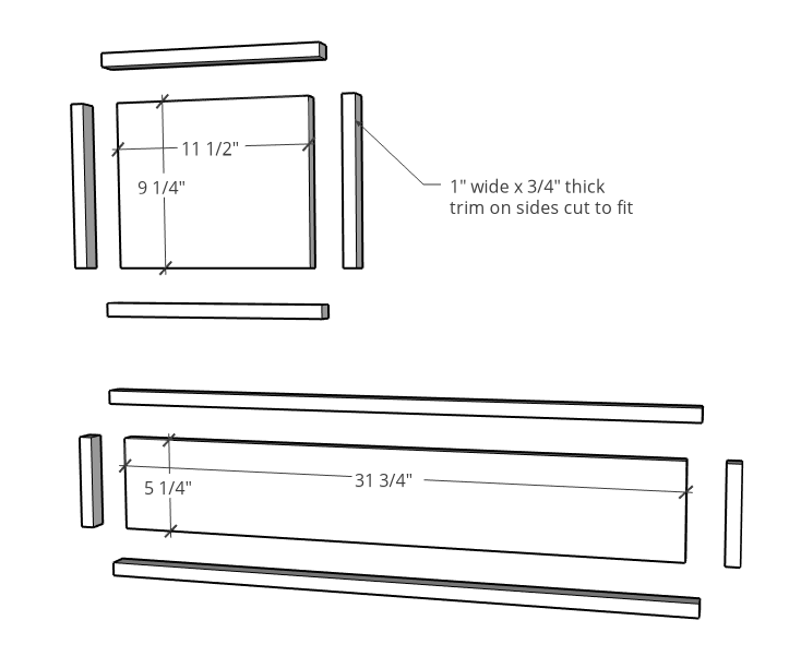 exploded view of drawer fronts for console cabinet with 1" trim added around edges