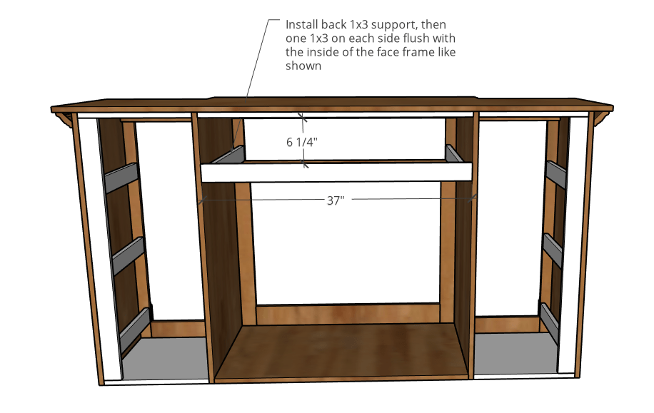 drawer slide bracing installed in middle section of dog crate