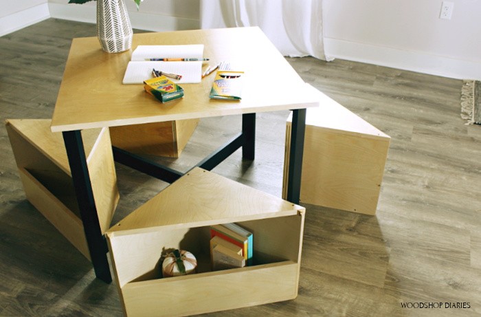 Finished image of kids nesting table with seats pulled out and coloring materials on table