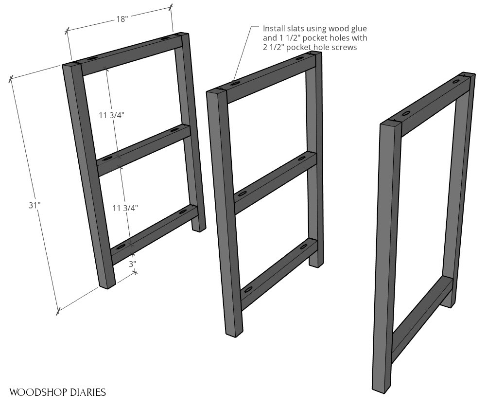 Left, middle, and right side frame pieces assembled