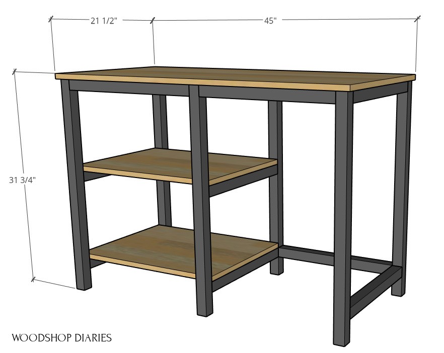 Overall desk dimensions in 3D diagram