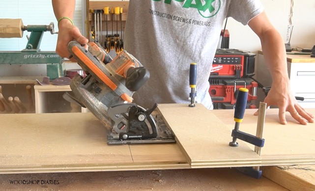 Circular saw running along straight edge clamped to work piece at 45 degree angle