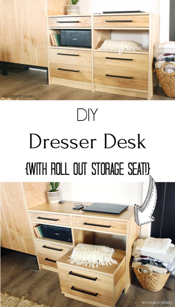 Pinterest collage image showing dresser at top and desk seat pulled out on bottom