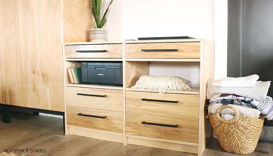 DIY dresser desk shown as dresser with storage cart seat rolled up into place