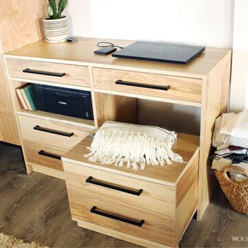 DIY dresser desk with pull out storage cabinet seat