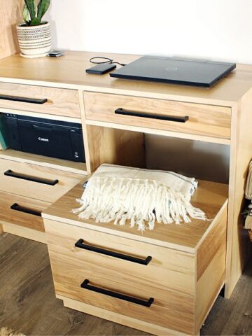 DIY dresser desk with pull out storage cabinet seat
