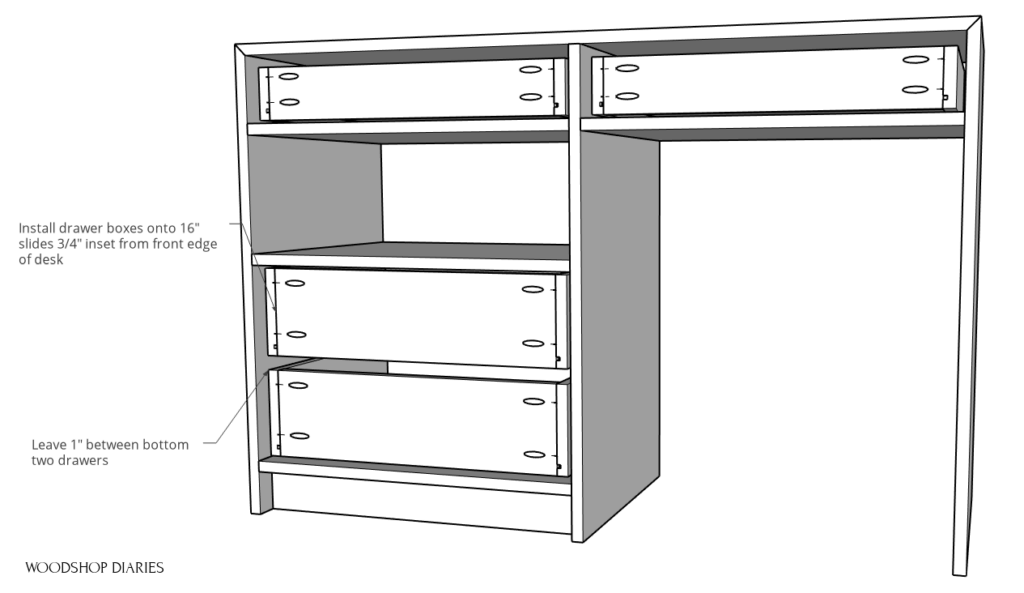 Diagram of drawers installed into dresser desk