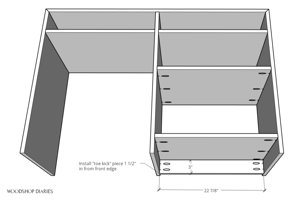 Install toe kick piece into desk side