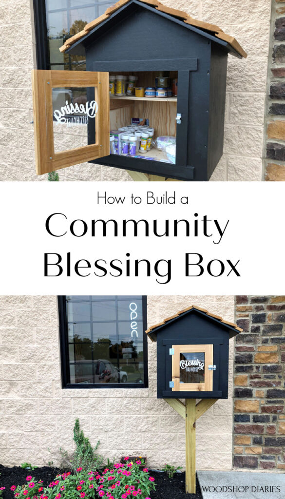 Pinterest collage with Blessing box door open image on top and full blessing box view on bottom