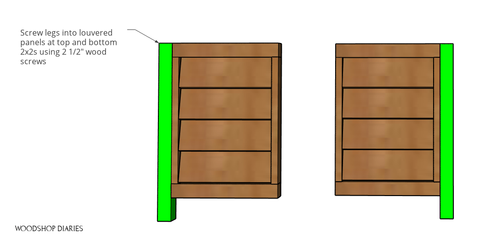 Legs attached on opposite sides of two louvered panels of planter box