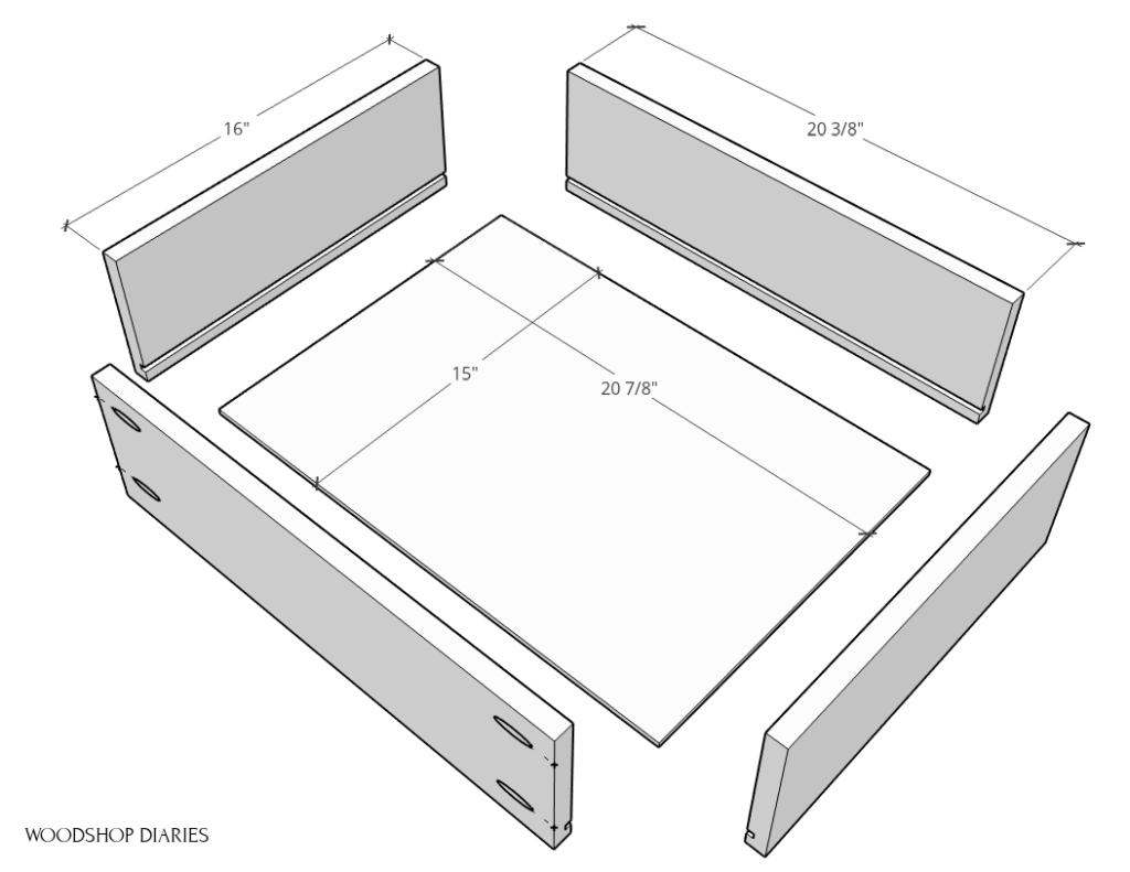 Exploded view of drawer boxes with dimensions