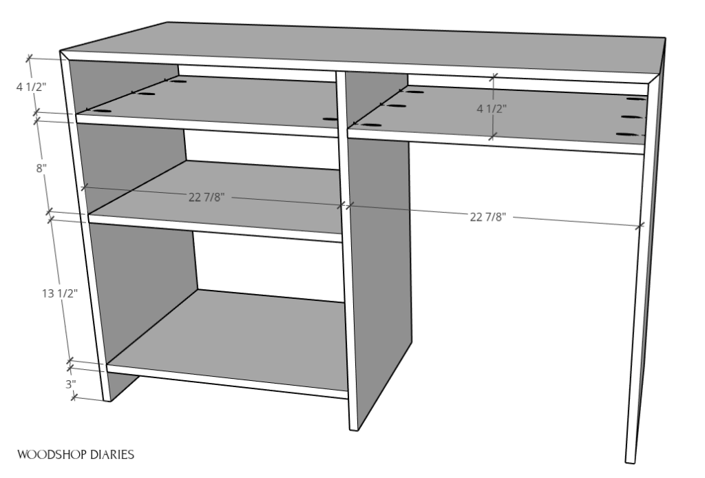 Shelves installed into desk--diagram of shelf locations