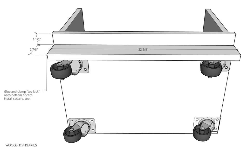 Diagram of toe kick piece installed onto bottom of desk storage seat