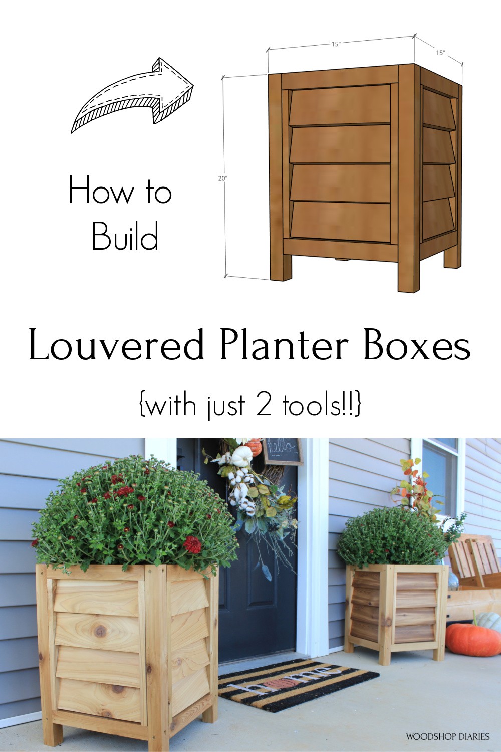 Pinterest diagram collage of overall louvered planter box dimensions and final picture of them completed