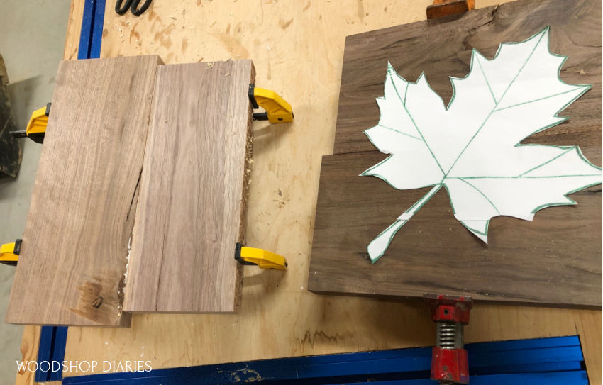 Leaf template laying on pieces of scrap wood.
