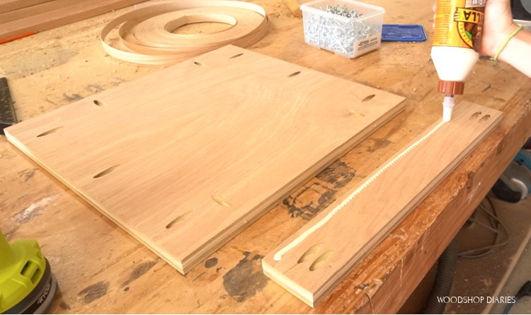 Bottom panel for desk cabinet with pocket holes drilled ready for assembly