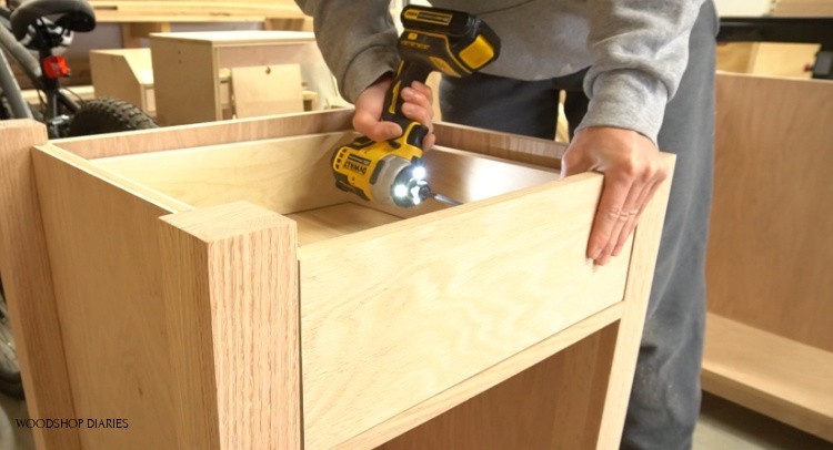 Screwing drawer front onto drawer box