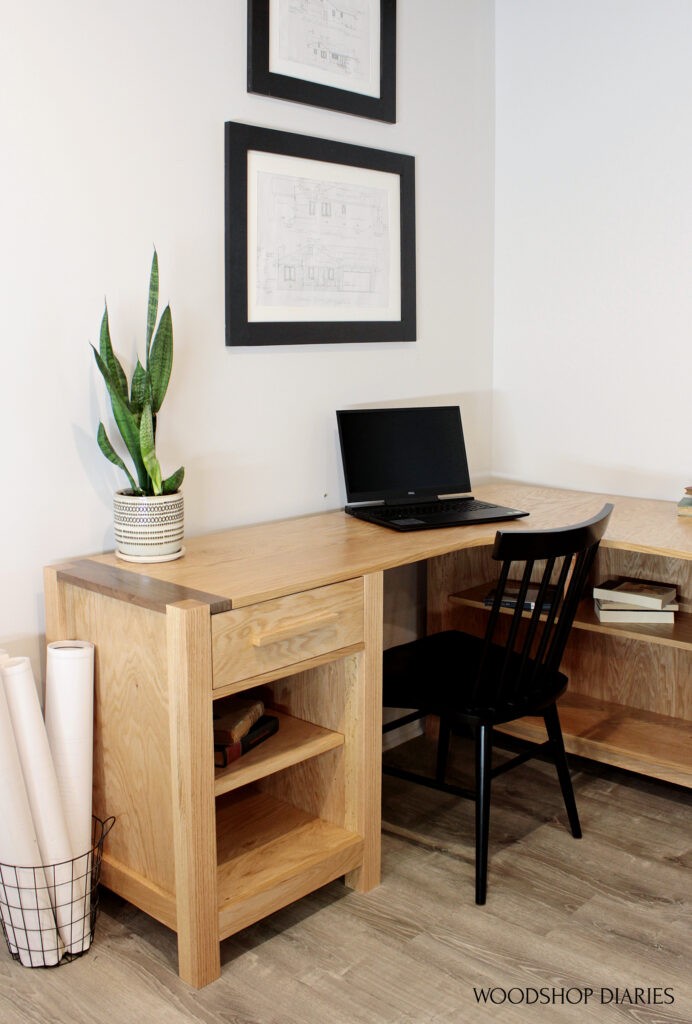 DIY L shaped desk with shelves and drawer--two tone corners with walnut board