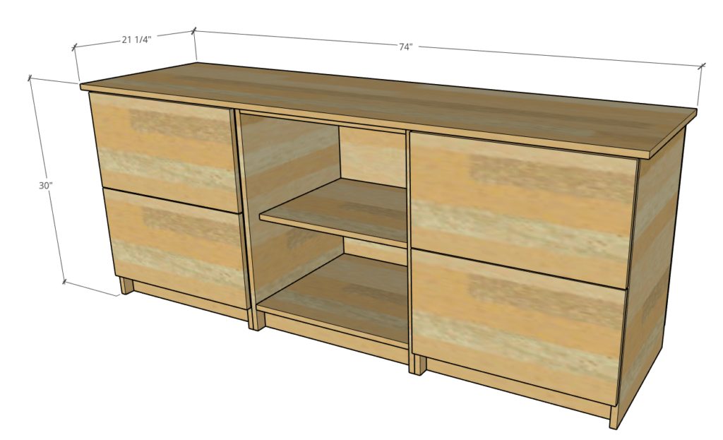 Overall console cabinet dimensions with top and three bottom modular cabinets