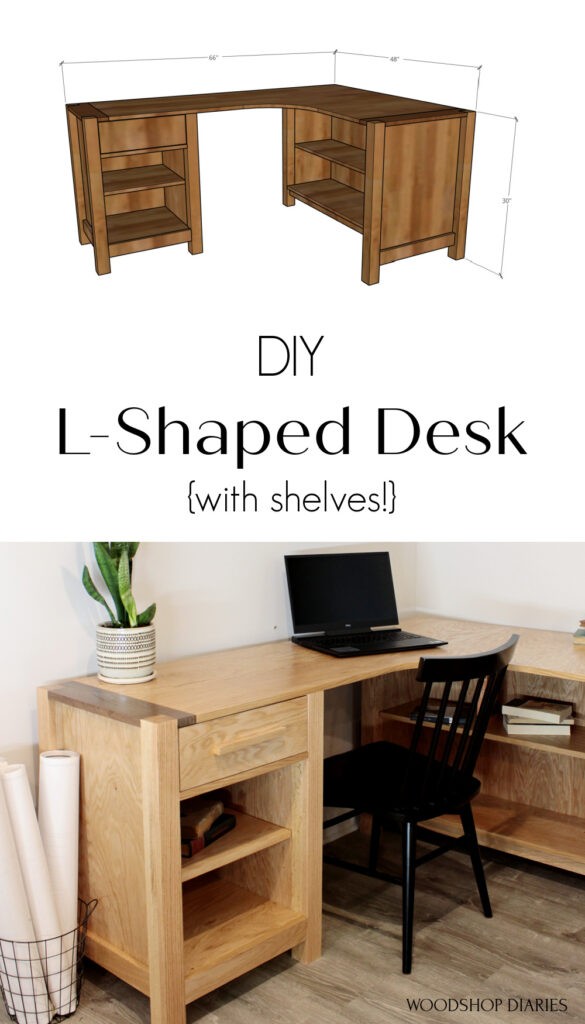 Pinterest collage image with 3D diagram of desk and actual desk set up in office