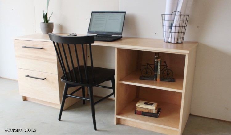 DIY Modular filing cabinet desk with file cabinet on left and shelving unit on right