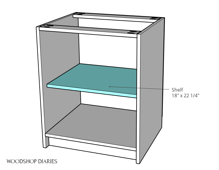 Modular desk cabinet with shelf installed diagram