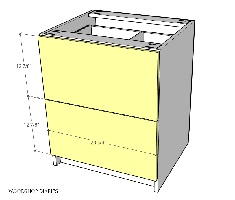 Drawer front sizing diagram for modular filing cabinet drawers