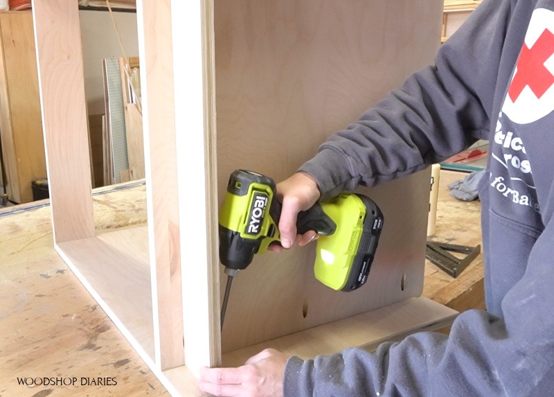 Using Ryobi ONE+ HP driver to assemble modular cabinet for filing cabinet desk