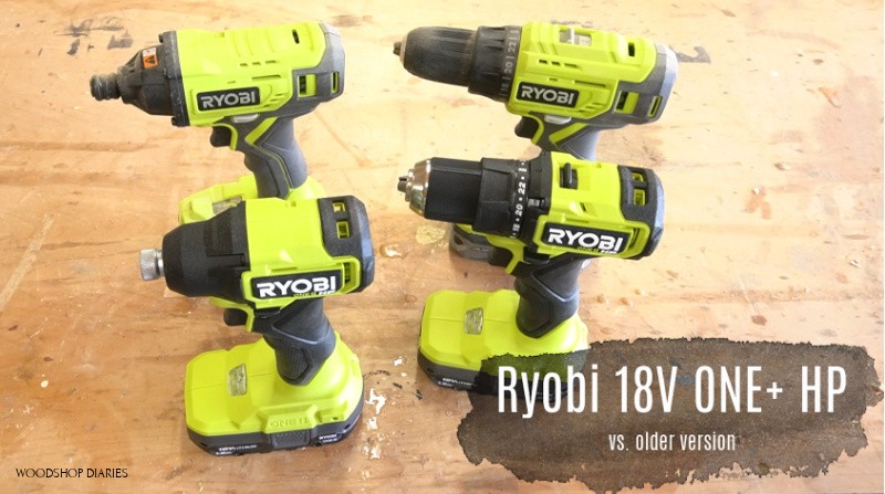 Old vs New Ryobi ONE+ HP drill driver sets side by side on workbench