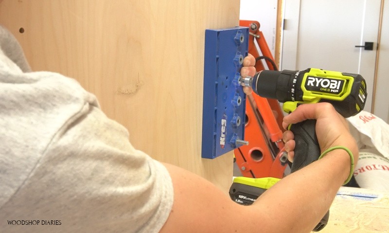 Using Ryobi ONE+ HP drill to drill shelf pin holes in modular desk cabinet