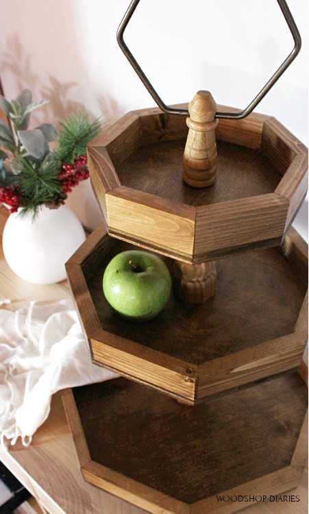 How to Build a 3 tiered wooden tray with scrap wood finished with dark stain and a ring on the top