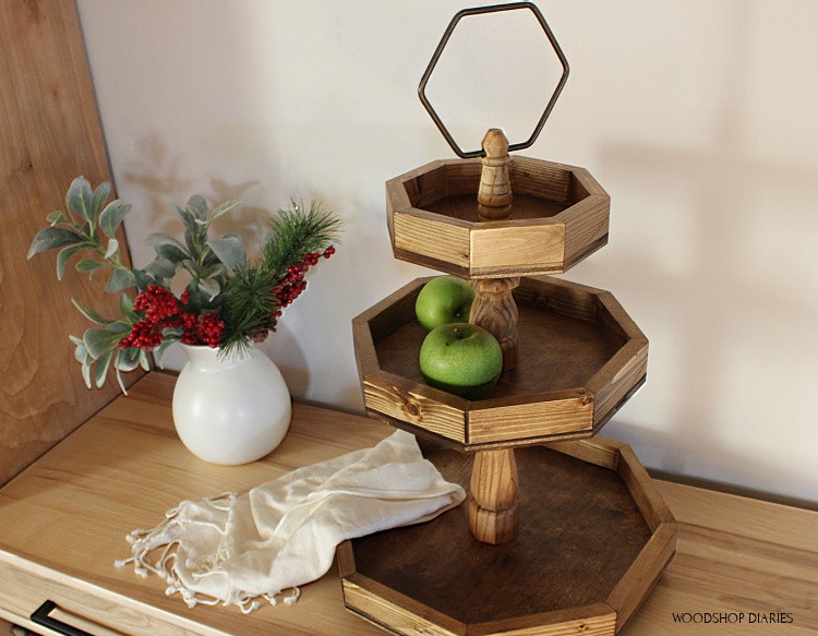 Overhead look of DIY wooden 3 tier tray made from scrap wood and furniture legs